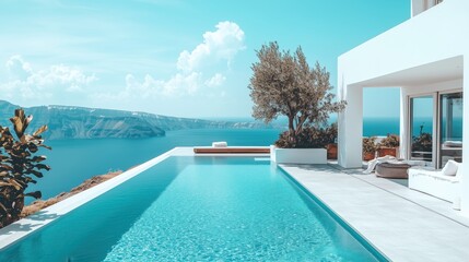 Fototapeta premium Luxurious villa with infinity pool overlooking the sea in Santorini during a sunny day