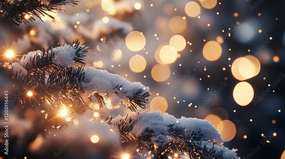Poster snowy pine branch with warm lights and bokeh.