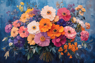 Fototapeta premium A vibrant bouquet of various flowers including peonies, anemones, and wildflowers, set against a textured blue background. The arrangement features a mix of colors like pink, orange, purple, yellow