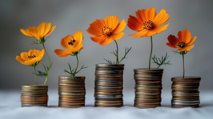 Money and nature intertwine as flowers grow from stacks of coins showcasing growth and investment concepts