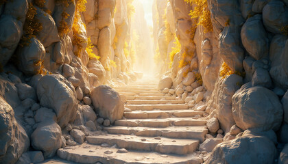 White staircase from deep cave into heaven, angelical realm, merging with golden light