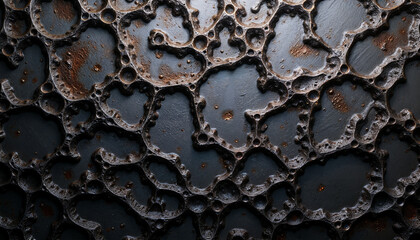 The image showcases a close-up view of a metallic grunge texture, emphasizing a rugged and industrial aesthetic. The surface is marked by deep scratches, dents, and a patina of rust