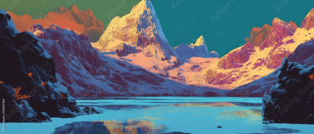 Poster snow-covered mountains reflect in a serene frozen lake under a colorful sky at twilight