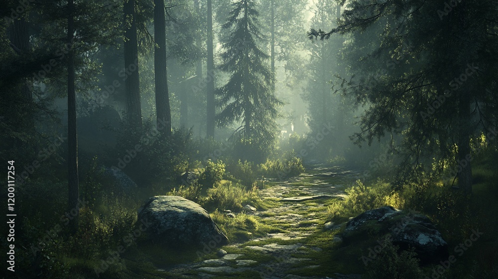 Aufkleber misty forest path with sunlight filtering through trees.