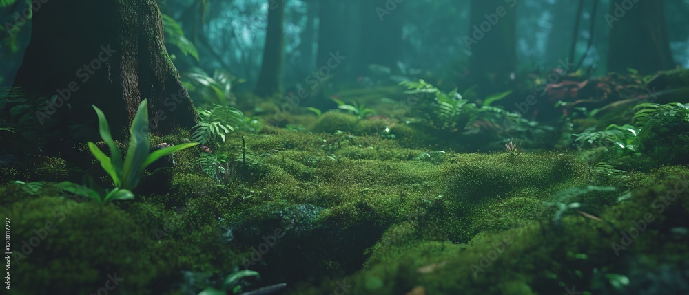 Poster soft moss blanketing the forest floor with rich green hues creating a tranquil atmosphere