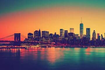 Sunset over urban skyline featuring iconic towers and bridges glowing with colorful reflections on the water. Generative AI