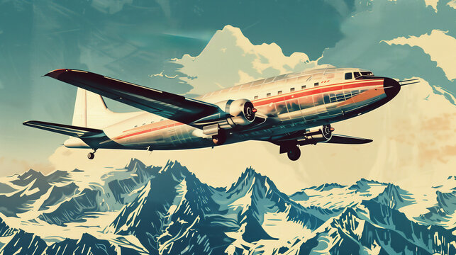 Retro vintage abstract holiday poster showing international overseas air travel by airplane for a globe trotting getaway vacation and tourism, stock illustration image