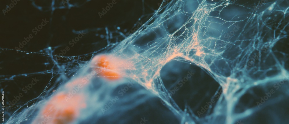 Poster Delicate spiderwebs showcasing intricate patterns and shimmering threads in early morning light