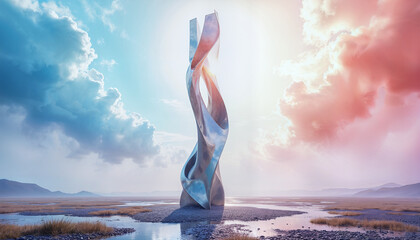 In the center of a vast, ethereal expanse, a towering abstract sculpture rises like a sentinel of creativity, its sinuous curves and sharp angles intertwining in a dance of form and shadow