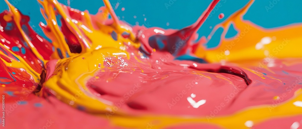 Poster Vibrant colors create flowing patterns from spilled paint against a bright background