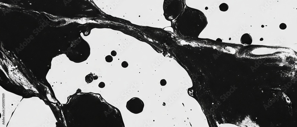 Aufkleber Abstract splattered ink creating dynamic shapes and contrasting tones on a white background
