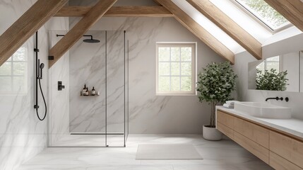 Luxurious attic bathroom with marble walls, wooden beams, and modern fixtures.