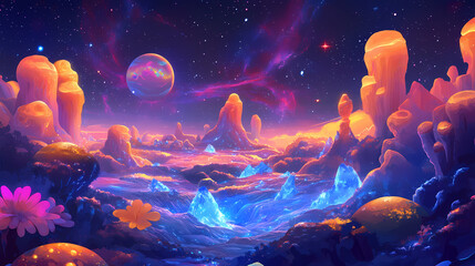 Mysterious cosmic landscape uncharted planet digital art extraterrestrial environment wide-angle view surreal atmosphere. Ethereal Dream Landscape. Illustration