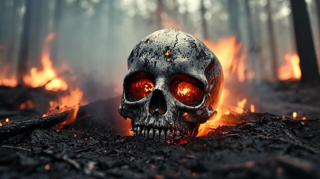 Skull emerges from ashes as flames consume a forest during a devastating wildfire at dusk
