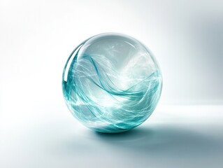 A transparent sphere with embedded organic patterns and swirling filaments, floating elegantly, highlighted with subtle blue-green light accents