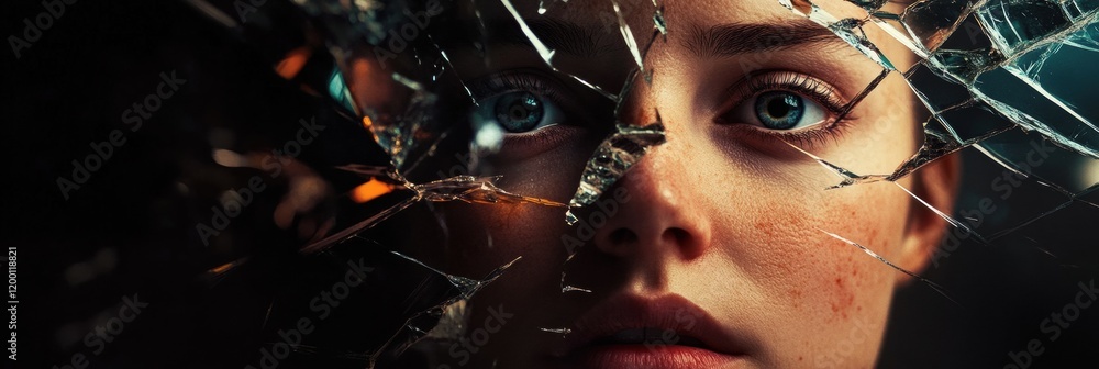 Aufkleber fragmented reflection of a person through shattered glass at night in a dimly lit space. generative 