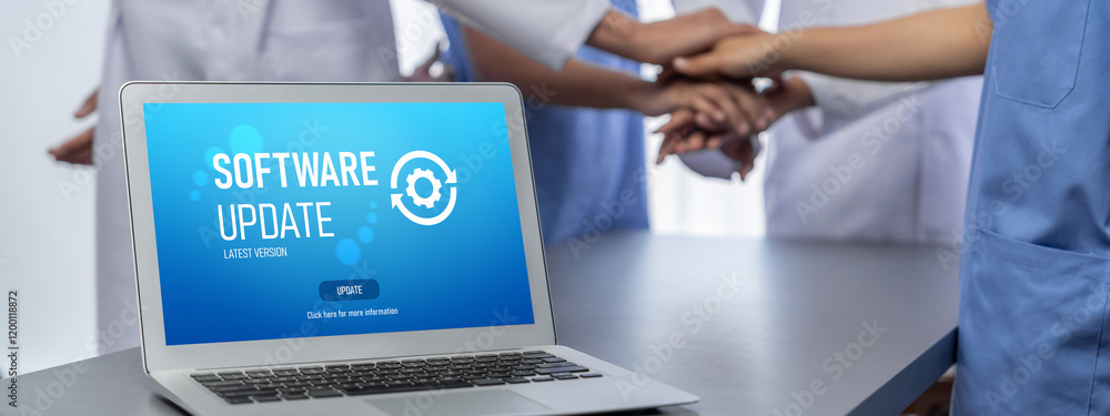 Poster software update on computer for brisk version of device software upgrade
