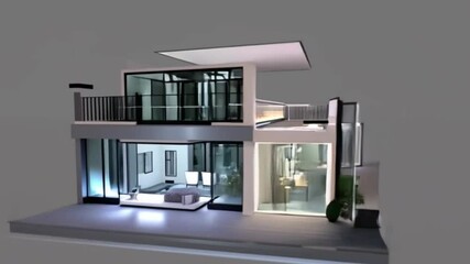 A luxurious modern house, displayed with interactive 3D elements highlighting the home s advanced features, lighting, and architecture.
