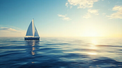 Obraz premium A minimalist sailboat glides on calm sea symbolizing serenity and simplicity under an expansive sky modern blurred empty space evokes tranquility freedom and a contrast to chaos inspiring peaceful ref