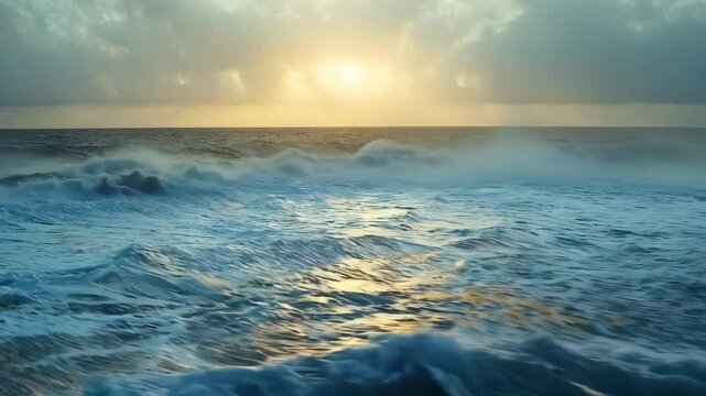 A serene ocean view at sunset with gentle waves and a golden reflection on the water, conveying tranquility and beauty.
