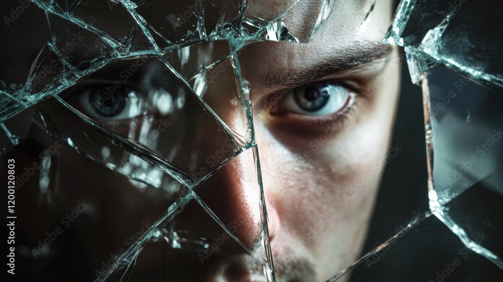Poster fragmented reflections showing a face behind shattered glass in a darkened environment during nightt