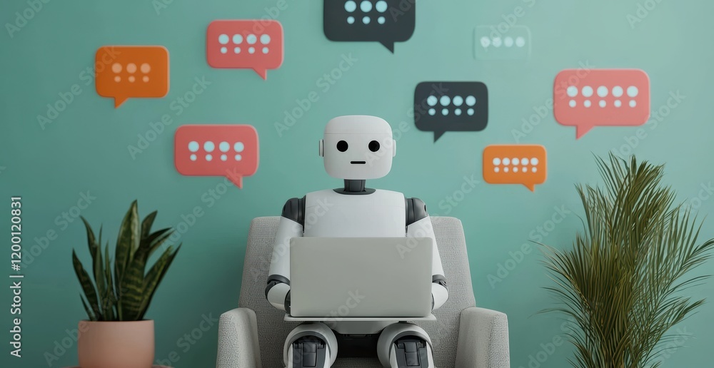 Poster a friendly robot sits in an armchair, laptop in hand, conversing with people through chat bubbles fl