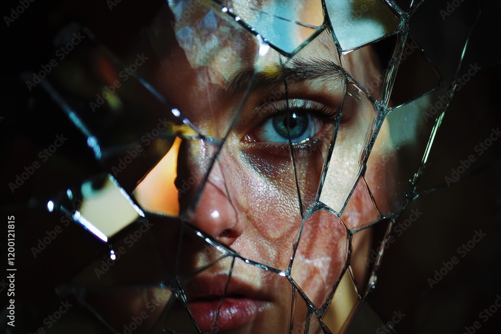 Leinwandbilder Reflections of a fractured face captured in shattered glass revealing emotion and complexity. Generative AI