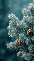 Post-holiday blues close-up of frosted pine cones nature's textures tranquil forest environment