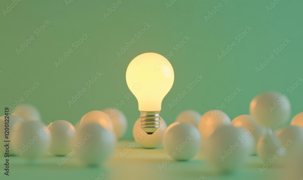 Poster light bulb glowing in the middle of other light bulbs on a green background creative idea and innova