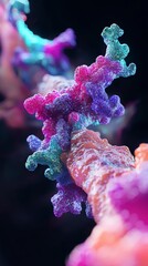Obraz premium Colorful, abstract representation of molecular structures, showcasing a vibrant interplay of pink, purple, and teal hues against a dark background.
