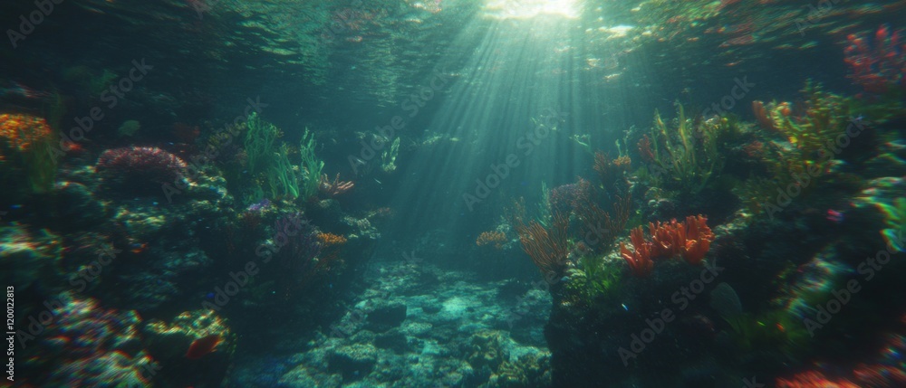 Poster underwater view with vibrant corals illuminated by sunlight rays in a serene aquatic environment