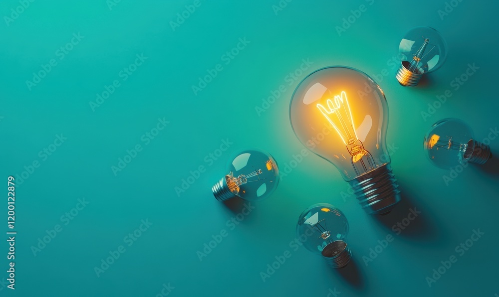Poster one glowing light bulb surrounded by four empty bulbs on a teal background, with copy space generati