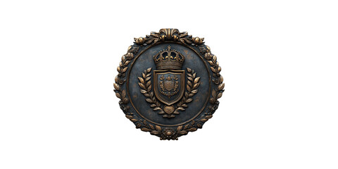 Ornate bronze crest with crown and laurel wreath isolated on transparent background