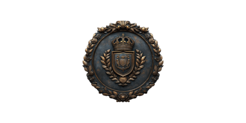 Ornate bronze crest with crown and laurel wreath isolated on transparent background