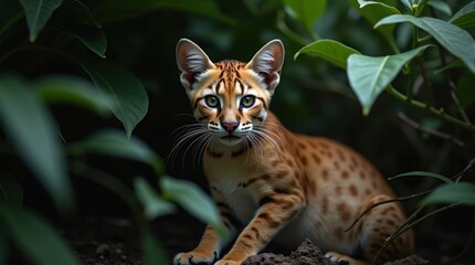 Fototapeta premium A young serval cat, with striking amber eyes and a spotted coat, sits amidst lush green foliage. The dark background enhances the cat's vibrant colors.