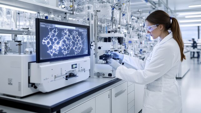 STEM in Action.  A female scientist in a white lab coat working with high-tech equipment in a clean, bright laboratory