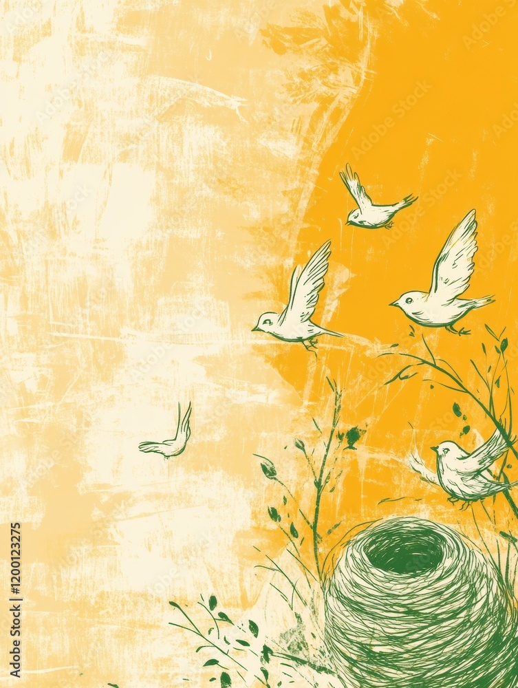 Poster birds flying from a nest surrounded by nature on a bright yellow background. generative ai