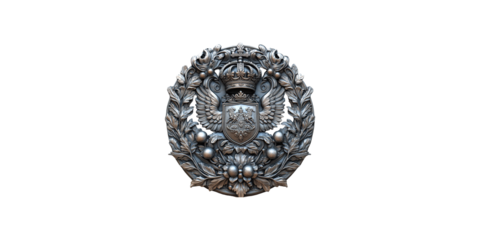 Ornate emblazoned crest with crown and laurel isolated on transparent background