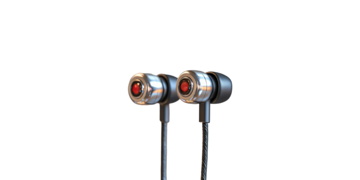 Metal earphones with black cords isolated on transparent background