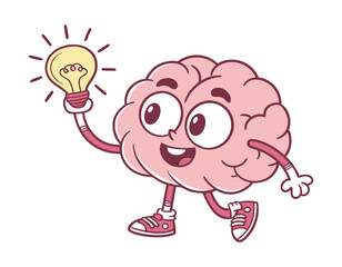 happy brain figure with a light bulb, signifying a new idea or solution, dressed in sneakers and showing excitement, great for use in educational materials or creative projects