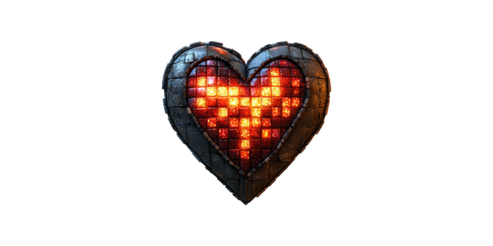 Pixelated heart-shaped object with red and orange tiles isolated on transparent background