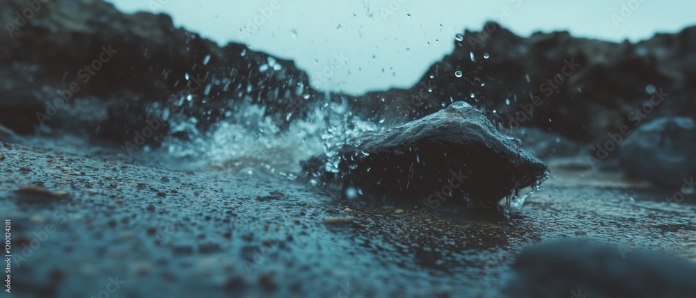 Poster water cascades over smooth stones and rocks creating splashes in a serene natural setting