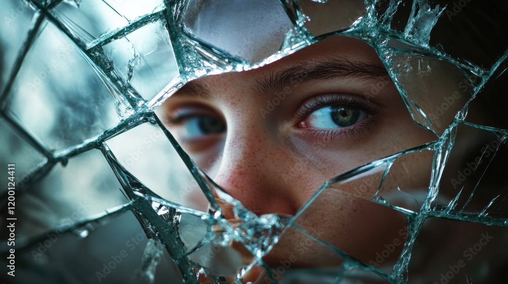 Aufkleber reflections of fragmented identity in shattered glass with a focus on a persons eye. generative ai