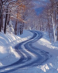 Obraz premium Winding snow-covered road in a peaceful winter landscape high-resolution image serene environment tranquil viewpoint
