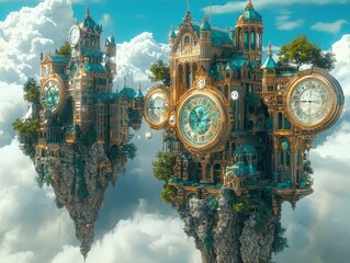 Whimsical steampunk clockwork castles float among the clouds. Ideal for fantasy book covers, posters, or concept art.