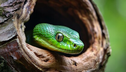Fototapeta premium close up of a green snake with intense eyes peering thru a tree hollow in a natural wooded area putting