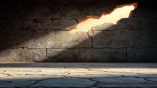 A light beam shines through a small crack in a dark wall symbolizing hope resilience and transformation in adversity empty caption space offers room for storytelling and creative interpretation

