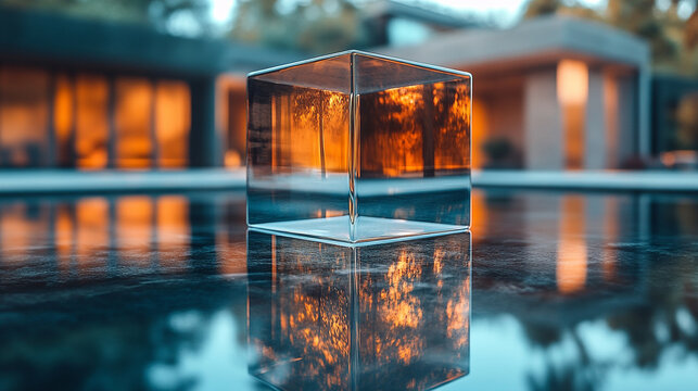 A cube inside a transparent sphere, symbolizing the balance found within complexity, with a blurred caption space on the side representing the interplay of order and chaos