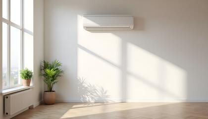 Fototapeta premium Minimalist indoor space featuring an air conditioner and potted plant with soft sunlight casting shadows on the wall