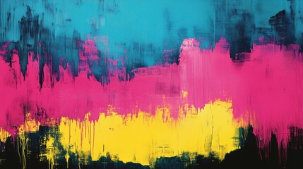 Fototapeta premium High-contrast glitch paint layers in pink, turquoise, and yellow tones